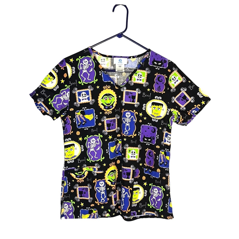 SB Scrubs Women's Halloween Spooky V Neck Scrub Top Nurse‎ Medical S